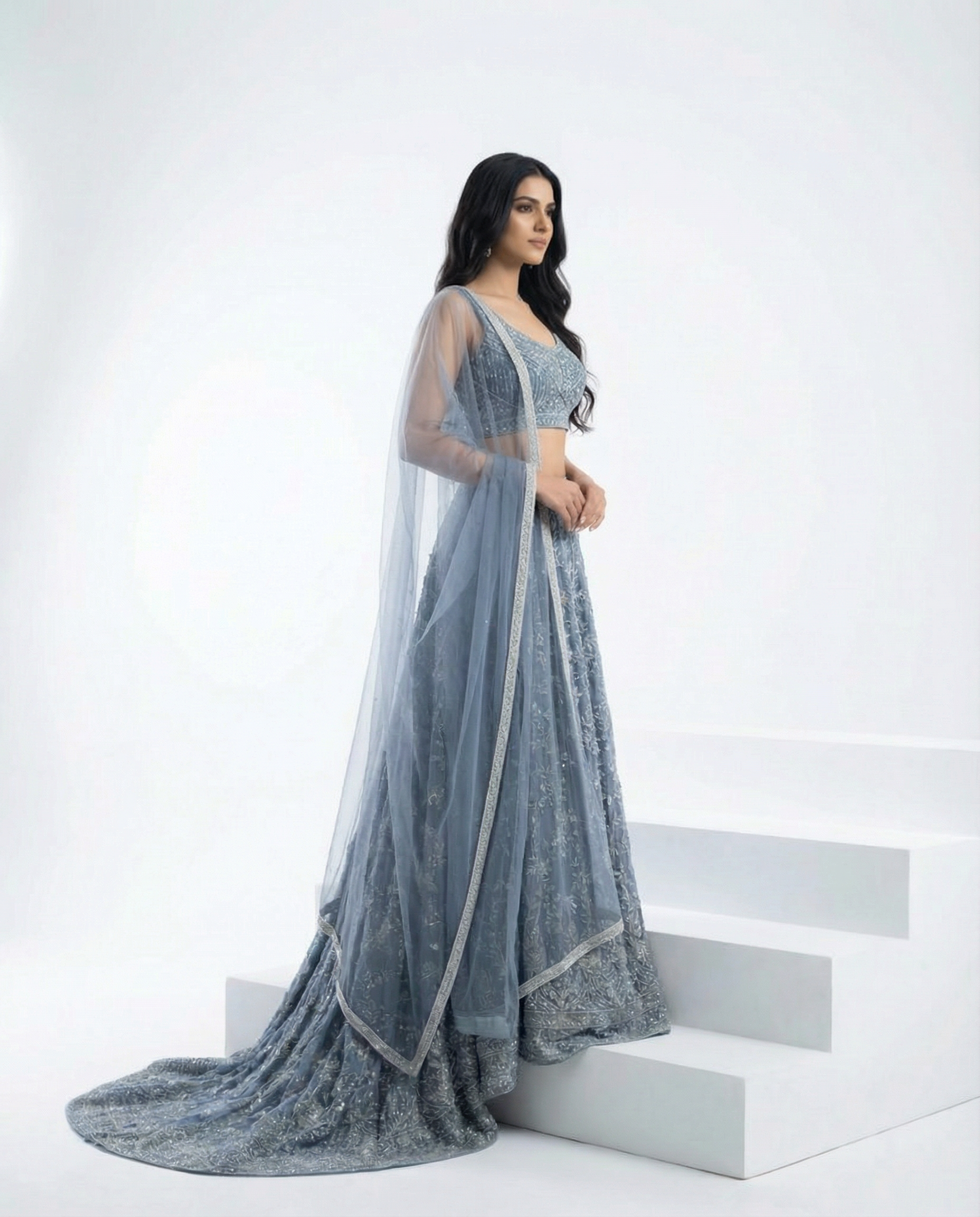 Slate Blue Net Dupatta Lehenga
